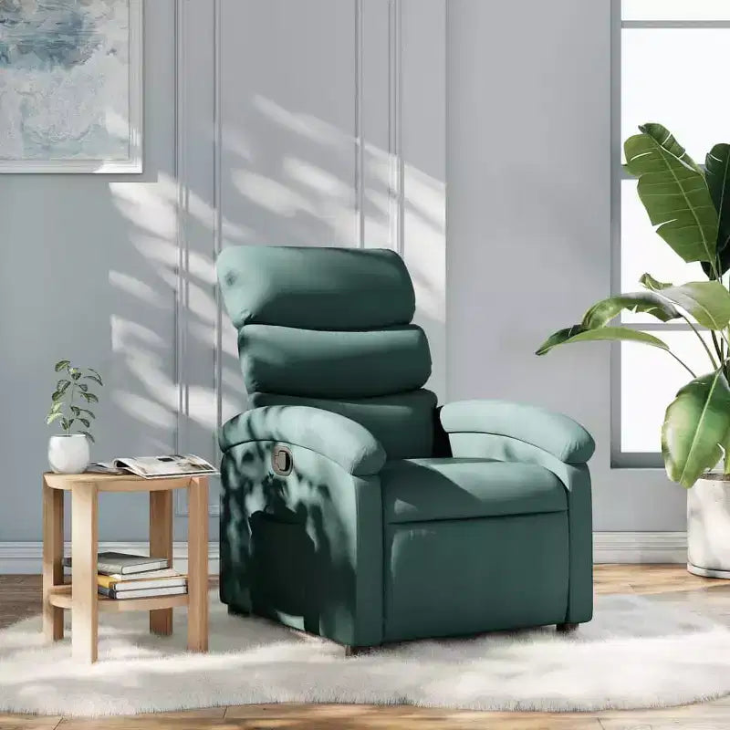 Fauteuil inclinable en tissu vert foncé - Siège lounge réglable pour personnes âgées, rembourrage épais, poche latérale, structure en bois et métal, inclinaison manuelle