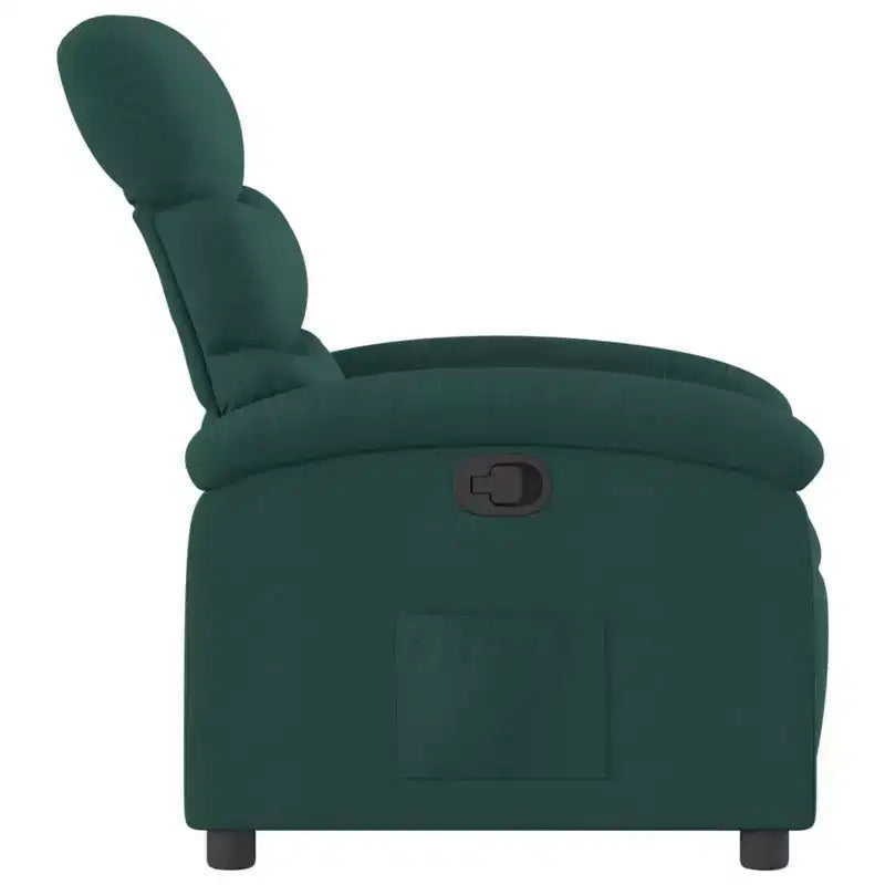 Fauteuil inclinable en tissu vert foncé - Siège lounge réglable pour personnes âgées, rembourrage épais, poche latérale, structure en bois et métal, inclinaison manuelle