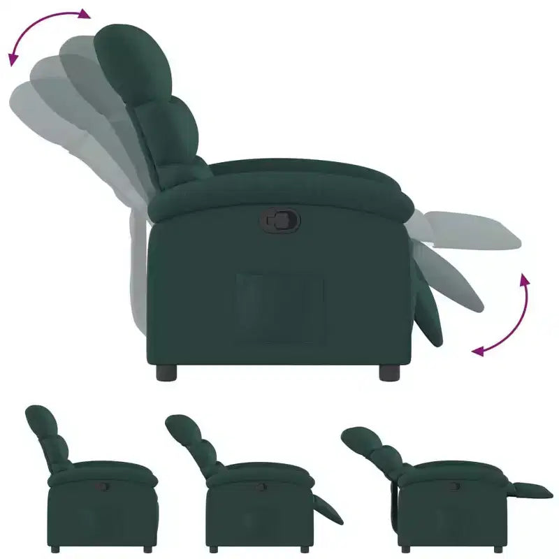 Fauteuil inclinable en tissu vert foncé - Siège lounge réglable pour personnes âgées, rembourrage épais, poche latérale, structure en bois et métal, inclinaison manuelle