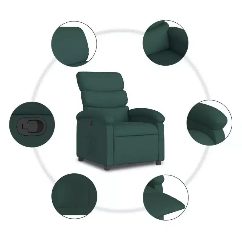Fauteuil inclinable en tissu vert foncé - Siège lounge réglable pour personnes âgées, rembourrage épais, poche latérale, structure en bois et métal, inclinaison manuelle