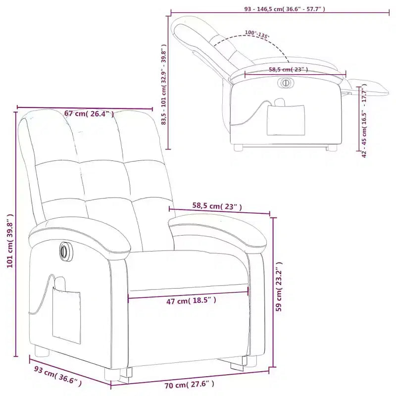 Fauteuil inclinable électrique de massage sur pied – Fauteuil relaxant électrique avec vibration en tissu noir, repose-pieds/dossier réglables