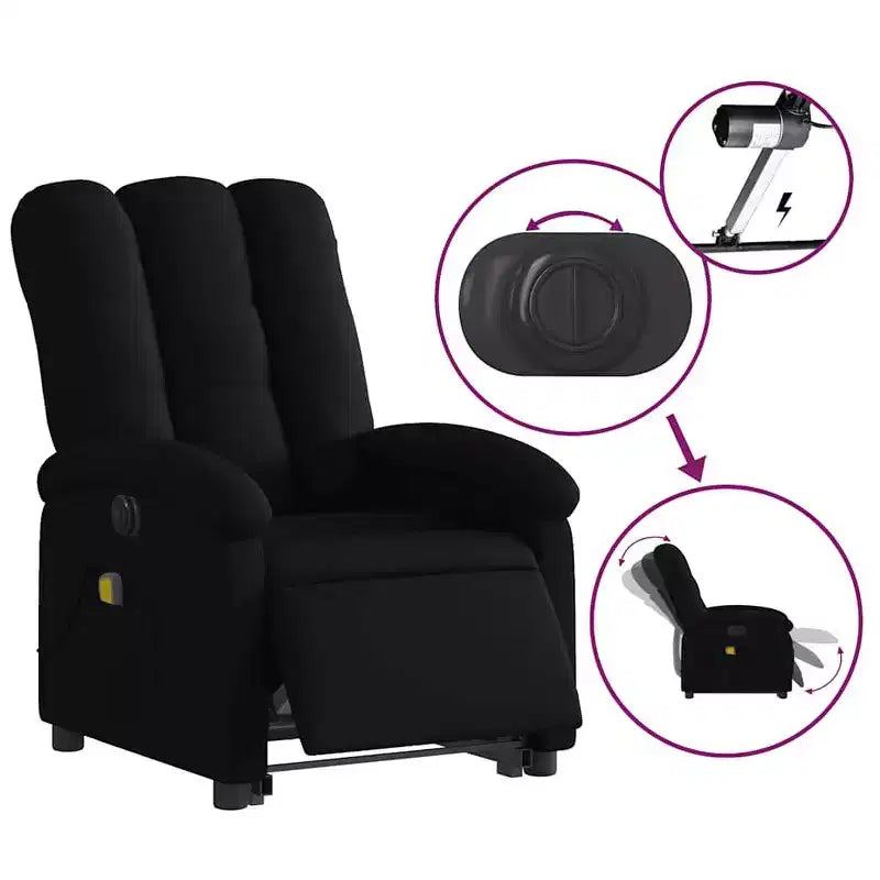 Fauteuil inclinable électrique de massage sur pied – Fauteuil relaxant électrique avec vibration en tissu noir, repose-pieds/dossier réglables
