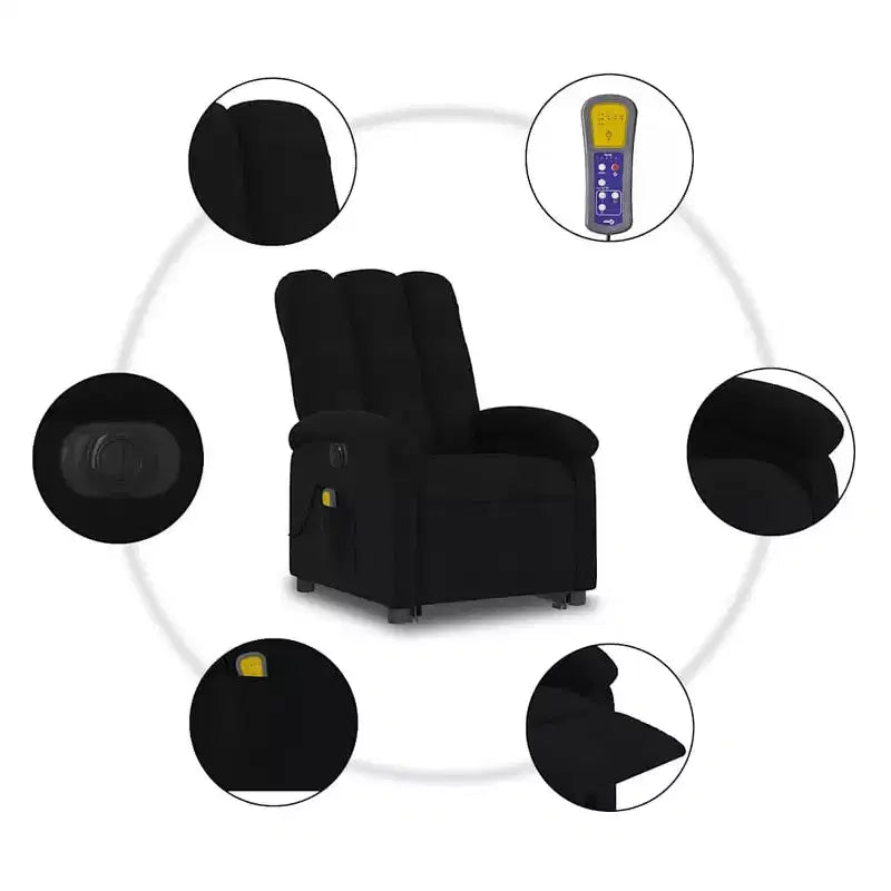 Fauteuil inclinable électrique de massage sur pied – Fauteuil relaxant électrique avec vibration en tissu noir, repose-pieds/dossier réglables