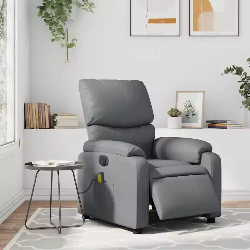 Fauteuil inclinable de massage électrique en similicuir gris, bois, métal, mousse