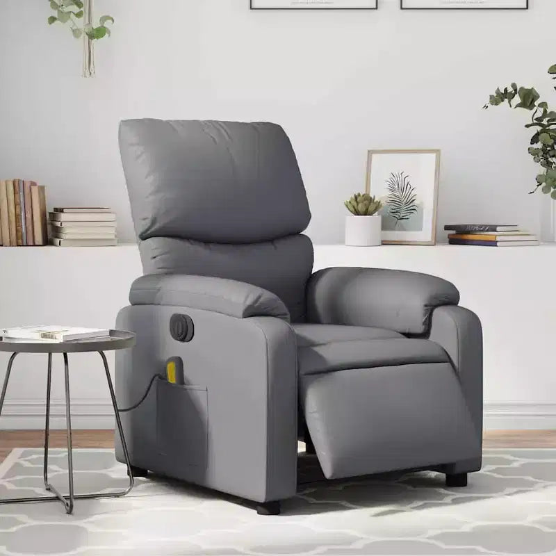 Fauteuil inclinable de massage électrique en similicuir gris, bois, métal, mousse