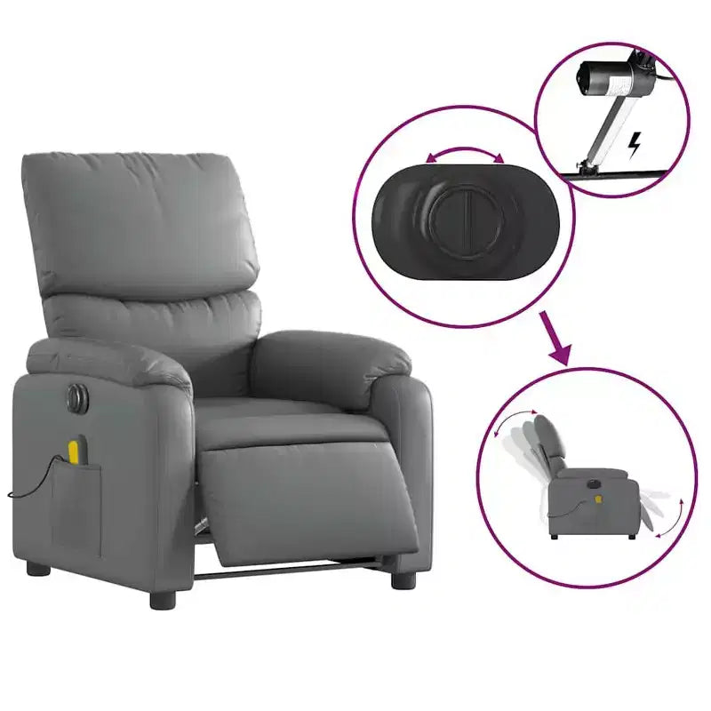 Fauteuil inclinable de massage électrique en similicuir gris, bois, métal, mousse