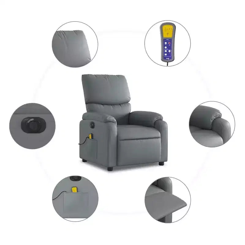 Fauteuil inclinable de massage électrique en similicuir gris, bois, métal, mousse