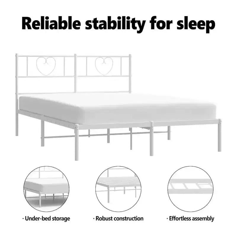 Cadre de lit en métal avec tête de lit, acier robuste, blanc, sans matelas