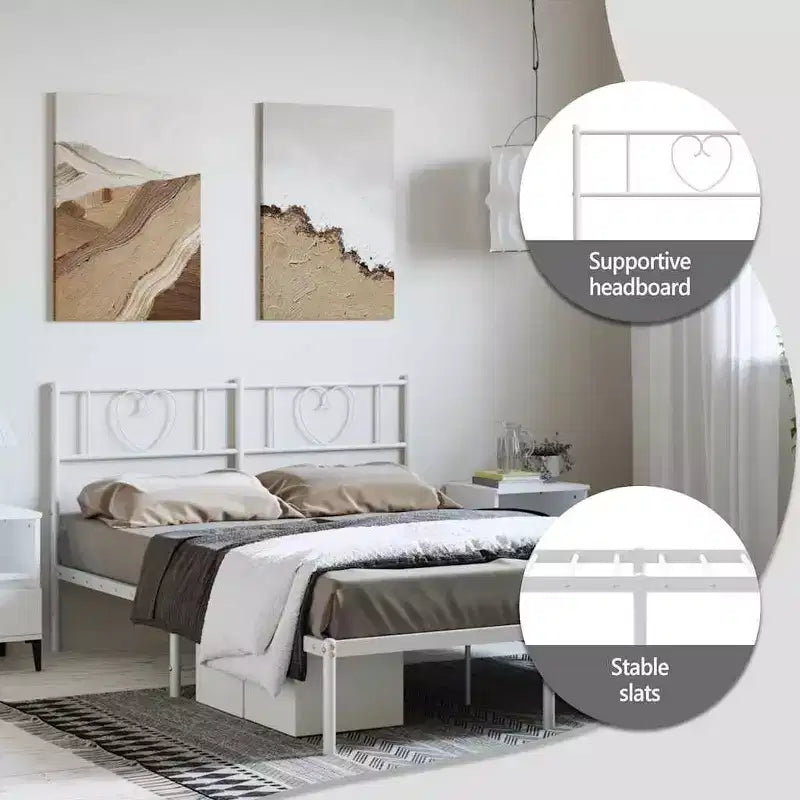 Cadre de lit en métal avec tête de lit, acier robuste, blanc, sans matelas