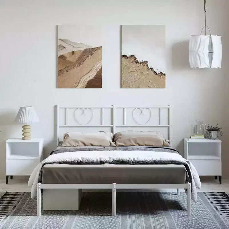 Cadre de lit en métal avec tête de lit, acier robuste, blanc, sans matelas