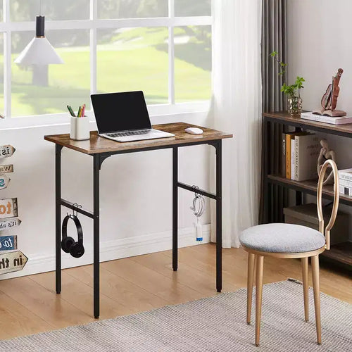 Petit bureau d'ordinateur de 32/43 po, bureau d'écriture avec crochets, bureau de travail avec pieds réglables pour petit espace, marron