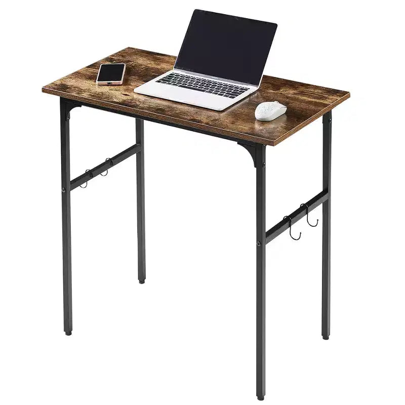 Petit bureau d'ordinateur de 32/43 po, bureau d'écriture avec crochets, bureau de travail avec pieds réglables pour petit espace, marron
