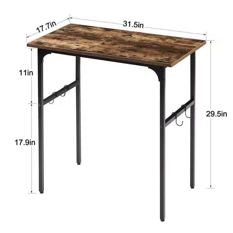 Petit bureau d'ordinateur de 32/43 po, bureau d'écriture avec crochets, bureau de travail avec pieds réglables pour petit espace, marron
