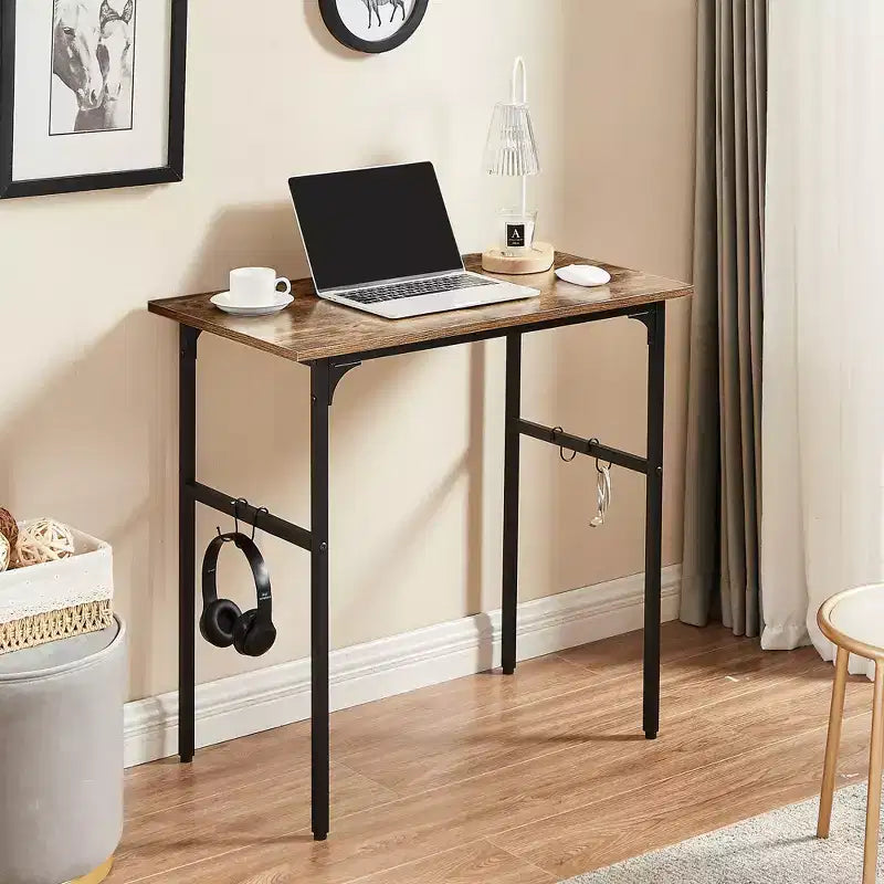 Petit bureau d'ordinateur de 32/43 po, bureau d'écriture avec crochets, bureau de travail avec pieds réglables pour petit espace, marron