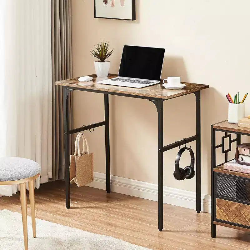 Petit bureau d'ordinateur de 32/43 po, bureau d'écriture avec crochets, bureau de travail avec pieds réglables pour petit espace, marron