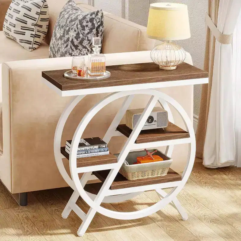 Table d'appoint en bois à niveaux, Table d'appoint étroite avec rangement, Table d'appoint de canapé pour chambre à coucher et salon
