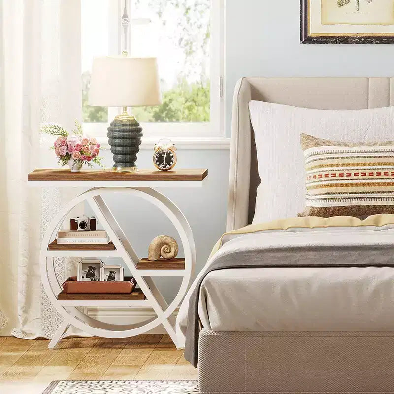 Table d'appoint en bois à niveaux, Table d'appoint étroite avec rangement, Table d'appoint de canapé pour chambre à coucher et salon