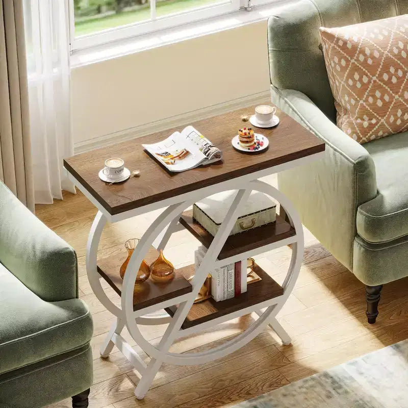 Table d'appoint en bois à niveaux, Table d'appoint étroite avec rangement, Table d'appoint de canapé pour chambre à coucher et salon