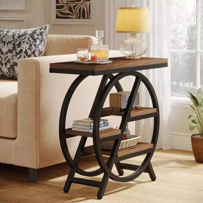 Table d'appoint en bois à niveaux, Table d'appoint étroite avec rangement, Table d'appoint de canapé pour chambre à coucher et salon