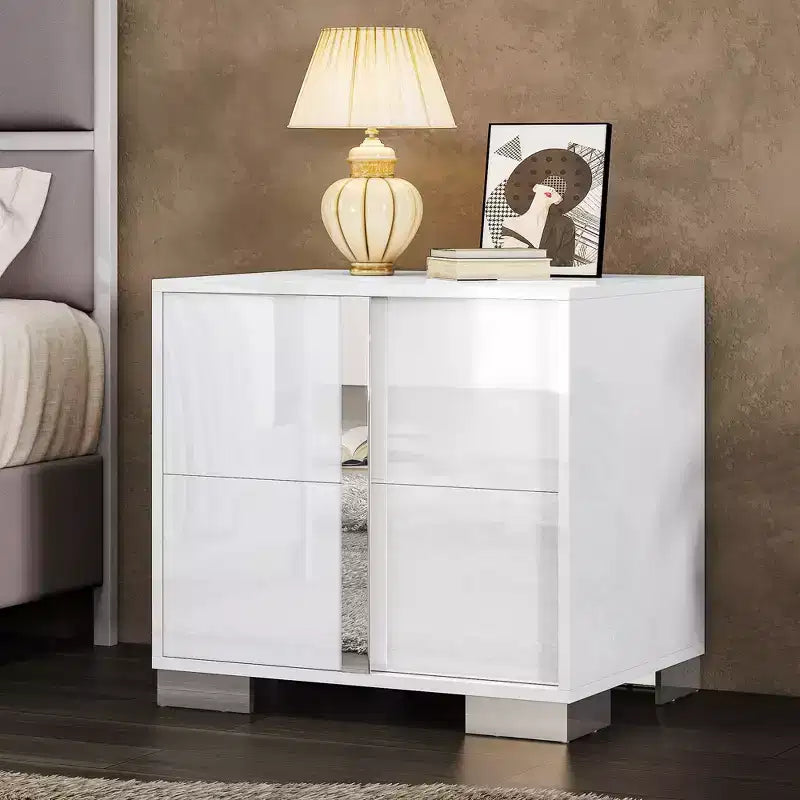 Table de chevet, table d'appoint moderne de 60 cm avec 2 tiroirs, finition brillante anti-UV