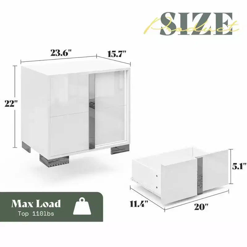 Table de chevet, table d'appoint moderne de 60 cm avec 2 tiroirs, finition brillante anti-UV