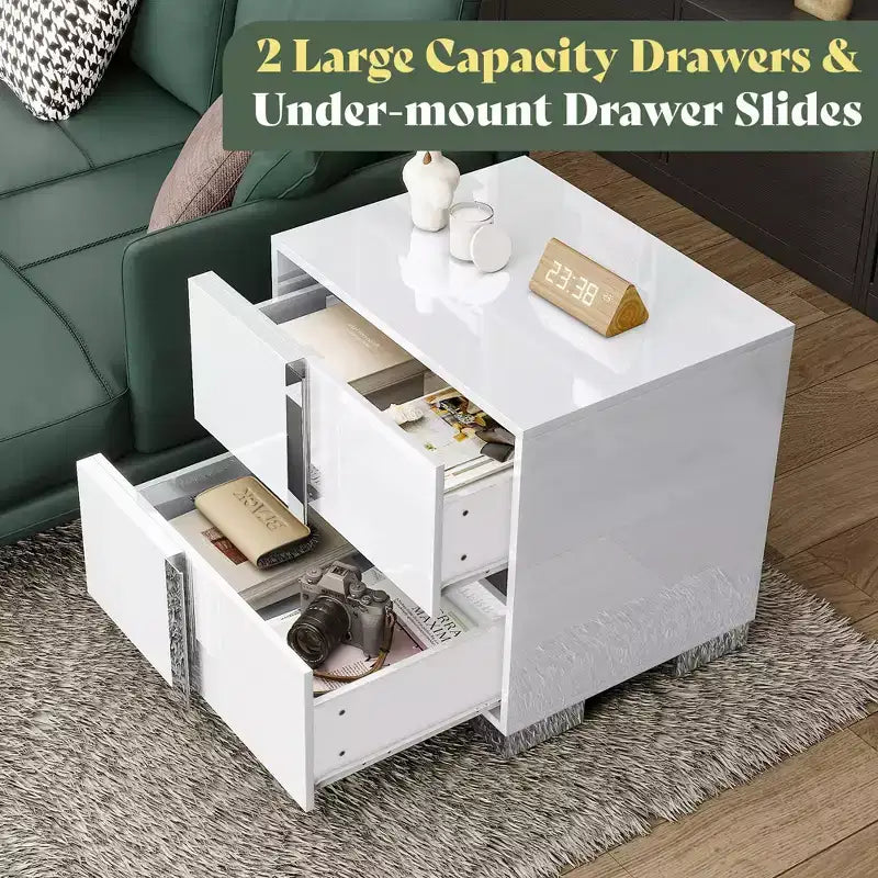 Table de chevet, table d'appoint moderne de 60 cm avec 2 tiroirs, finition brillante anti-UV