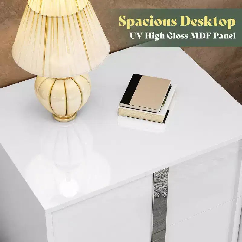 Table de chevet, table d'appoint moderne de 60 cm avec 2 tiroirs, finition brillante anti-UV