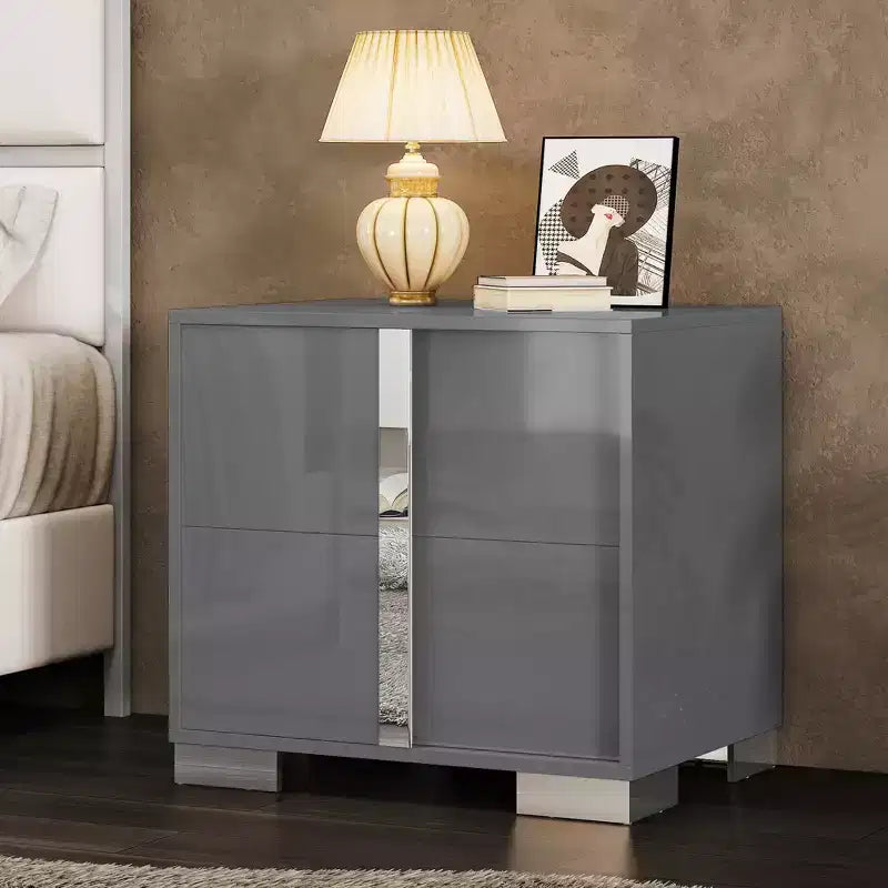 Table de chevet, table d'appoint moderne de 60 cm avec 2 tiroirs, finition brillante anti-UV