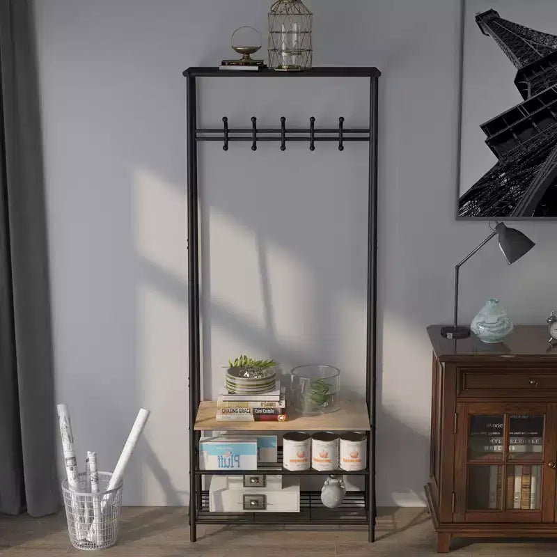 Porte-manteau et banc à chaussures 4-en-1, Arbre d'entrée 4 niveaux avec 5 crochets, Étagère de rangement multifonctionnelle pour couloir, Salle de bain, Entrée