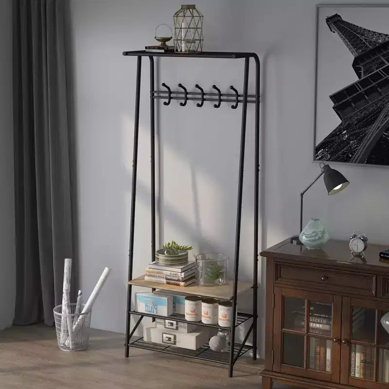 Porte-manteau et banc à chaussures 4-en-1, Arbre d'entrée 4 niveaux avec 5 crochets, Étagère de rangement multifonctionnelle pour couloir, Salle de bain, Entrée