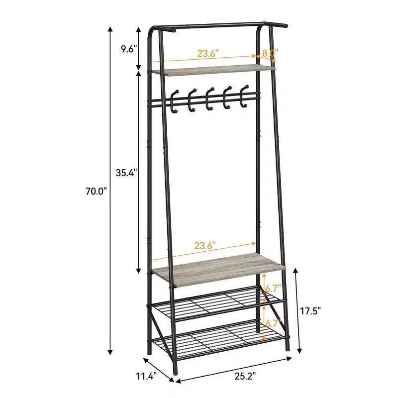 Porte-manteau et banc à chaussures 4-en-1, Arbre d'entrée 4 niveaux avec 5 crochets, Étagère de rangement multifonctionnelle pour couloir, Salle de bain, Entrée