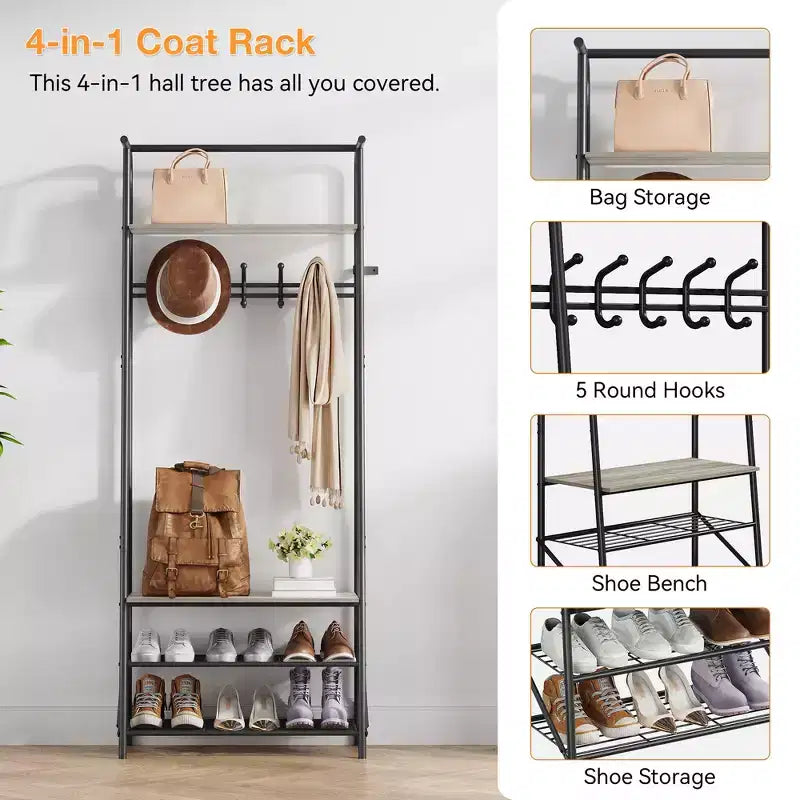 Porte-manteau et banc à chaussures 4-en-1, Arbre d'entrée 4 niveaux avec 5 crochets, Étagère de rangement multifonctionnelle pour couloir, Salle de bain, Entrée