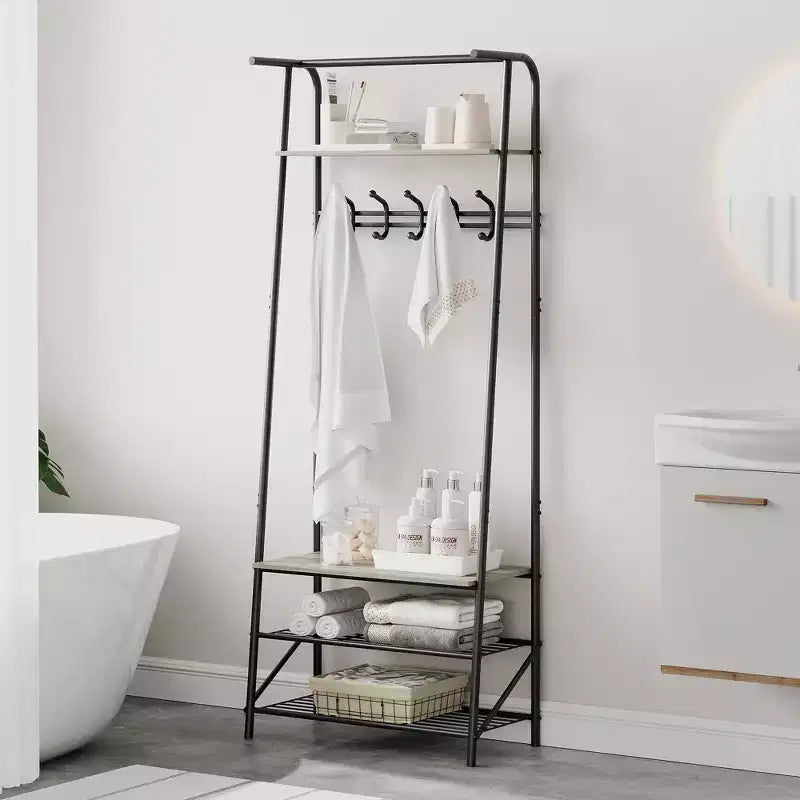 Porte-manteau et banc à chaussures 4-en-1, Arbre d'entrée 4 niveaux avec 5 crochets, Étagère de rangement multifonctionnelle pour couloir, Salle de bain, Entrée