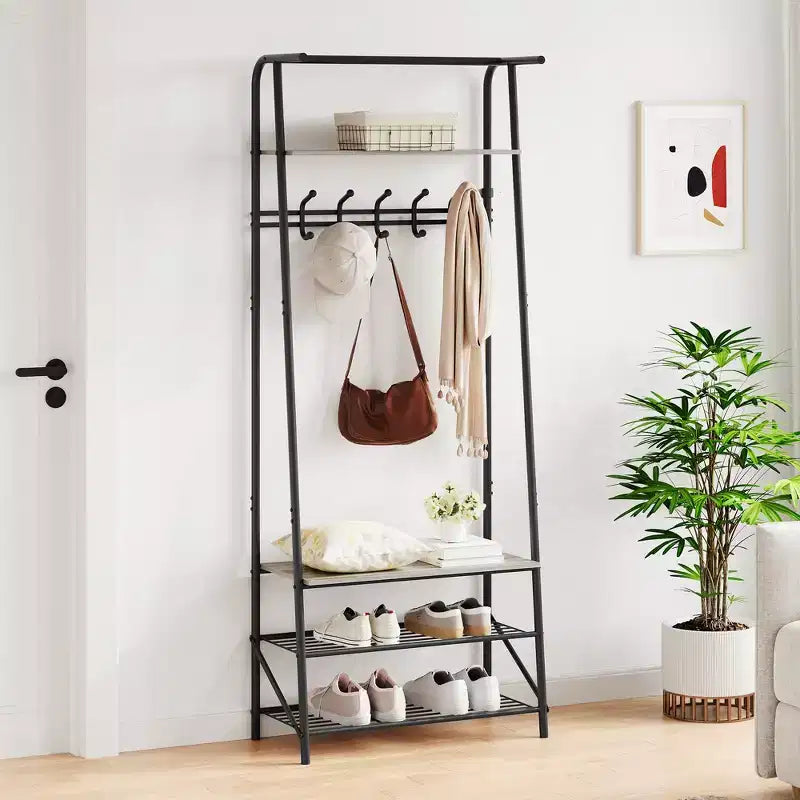 Porte-manteau et banc à chaussures 4-en-1, Arbre d'entrée 4 niveaux avec 5 crochets, Étagère de rangement multifonctionnelle pour couloir, Salle de bain, Entrée