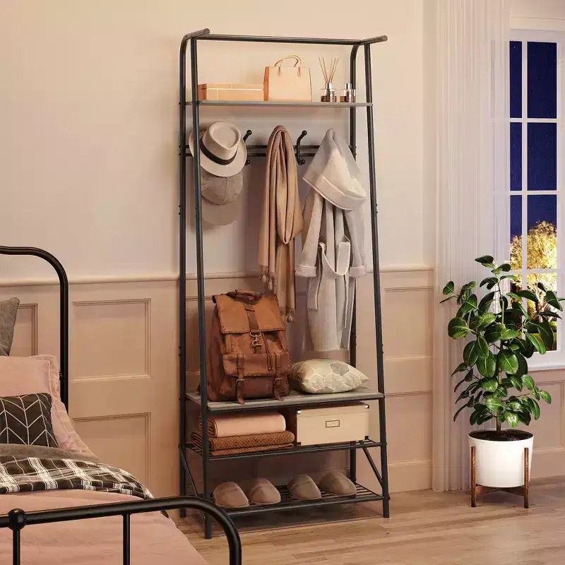 Porte-manteau et banc à chaussures 4-en-1, Arbre d'entrée 4 niveaux avec 5 crochets, Étagère de rangement multifonctionnelle pour couloir, Salle de bain, Entrée