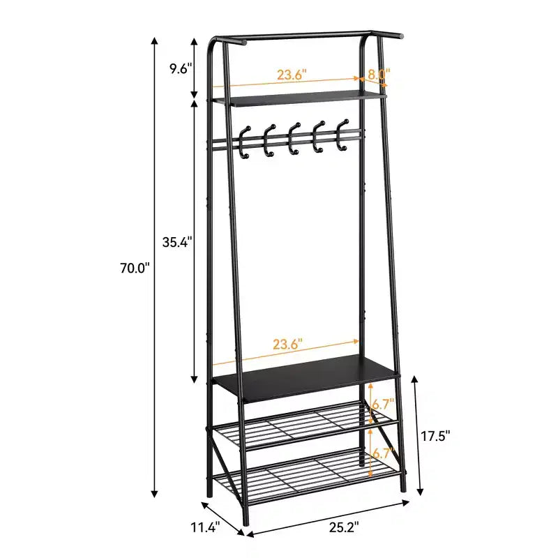 Porte-manteau et banc à chaussures 4-en-1, Arbre d'entrée 4 niveaux avec 5 crochets, Étagère de rangement multifonctionnelle pour couloir, Salle de bain, Entrée