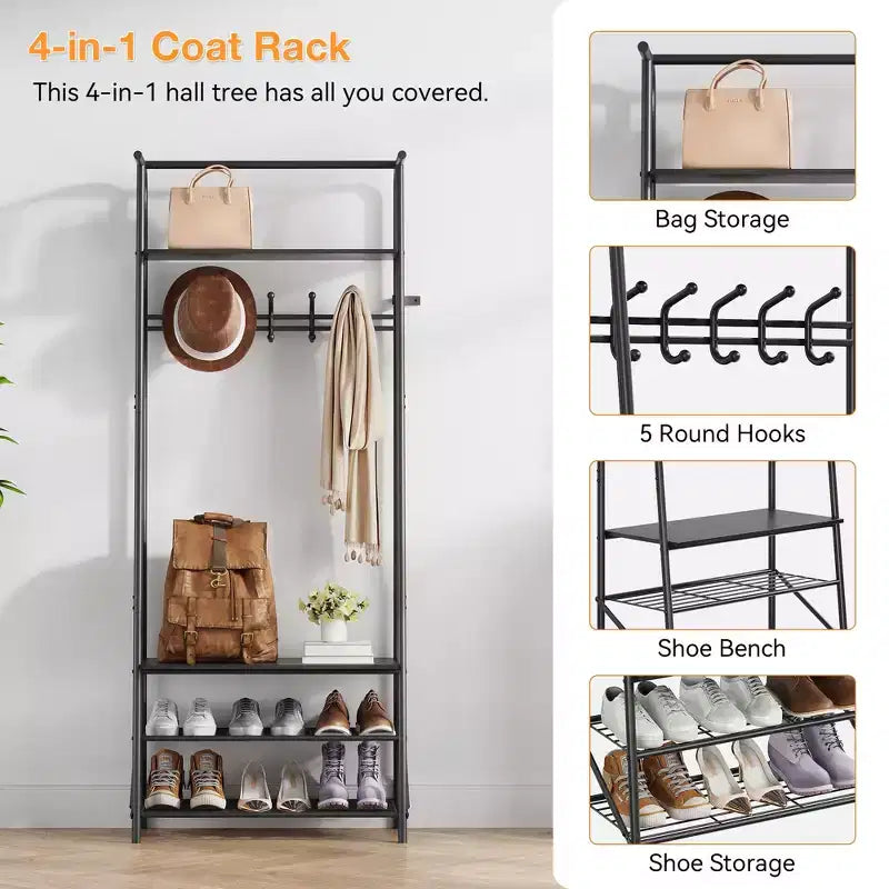 Porte-manteau et banc à chaussures 4-en-1, Arbre d'entrée 4 niveaux avec 5 crochets, Étagère de rangement multifonctionnelle pour couloir, Salle de bain, Entrée