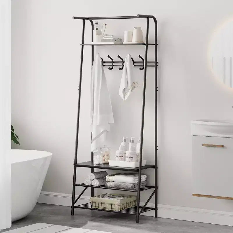 Porte-manteau et banc à chaussures 4-en-1, Arbre d'entrée 4 niveaux avec 5 crochets, Étagère de rangement multifonctionnelle pour couloir, Salle de bain, Entrée