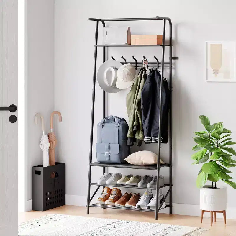 Porte-manteau et banc à chaussures 4-en-1, Arbre d'entrée 4 niveaux avec 5 crochets, Étagère de rangement multifonctionnelle pour couloir, Salle de bain, Entrée