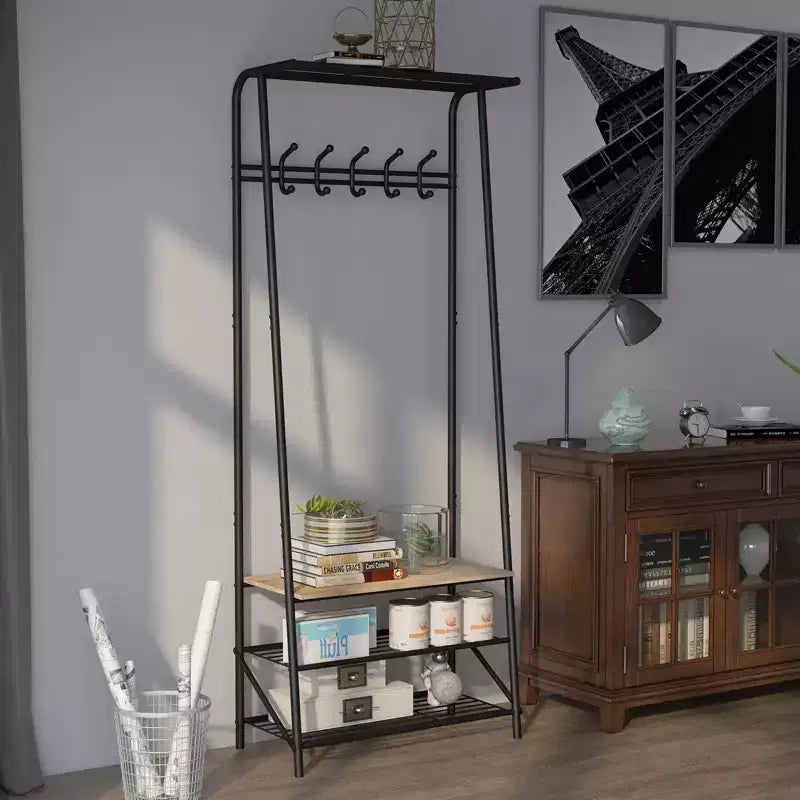 Porte-manteau et banc à chaussures 4-en-1, Arbre d'entrée 4 niveaux avec 5 crochets, Étagère de rangement multifonctionnelle pour couloir, Salle de bain, Entrée