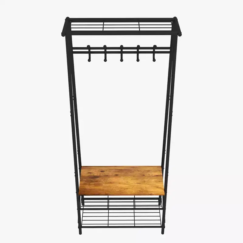 Porte-manteau et banc à chaussures 4-en-1, Arbre d'entrée 4 niveaux avec 5 crochets, Étagère de rangement multifonctionnelle pour couloir, Salle de bain, Entrée