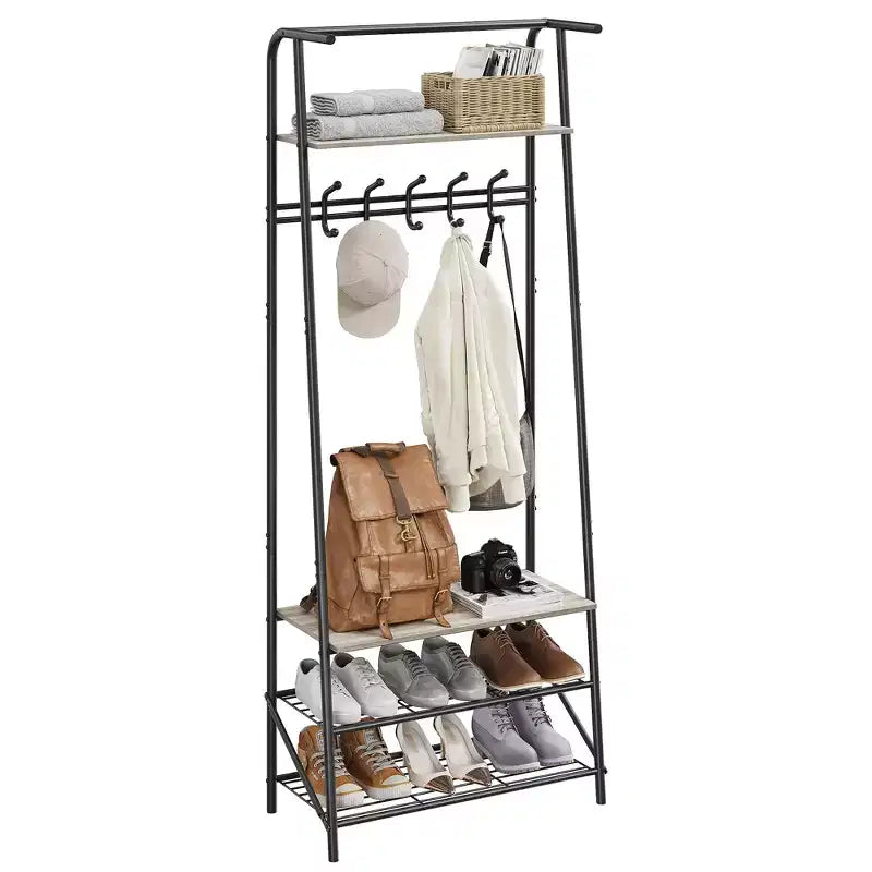 Porte-manteau et banc à chaussures 4-en-1, Arbre d'entrée 4 niveaux avec 5 crochets, Étagère de rangement multifonctionnelle pour couloir, Salle de bain, Entrée