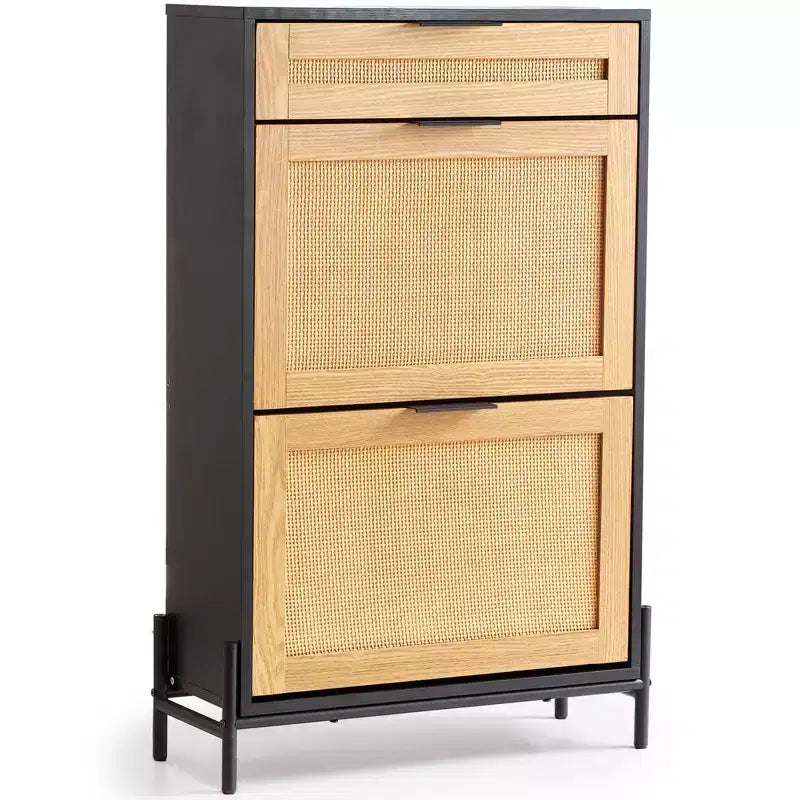 VEVOR Rattan Shoe Cabinet, with 2 Flip Rattan Drawers &amp; 1 Slide Drawer, Metal Legs, Slim Shoe Entryway Cabinet for Entryway, Closet, Hallway, Black