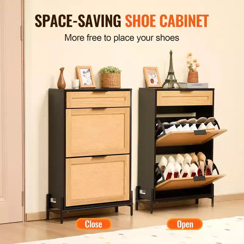 Meuble à chaussures en rotin, avec 2 tiroirs à bascule en rotin et 1 tiroir coulissant, pieds en métal, armoire à chaussures fine pour entrée, placard, couloir, noir