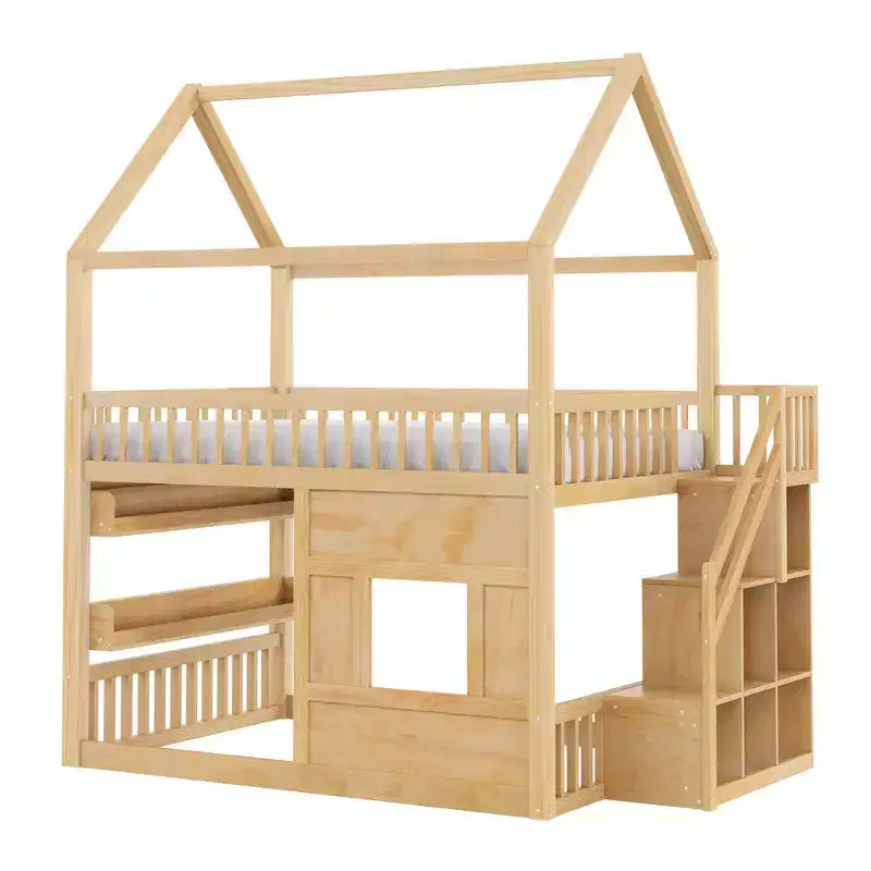 Lit cabane en bois pleine grandeur avec étagère intégrée, construction robuste, barrières de sécurité