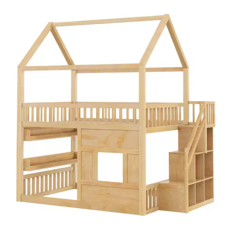 Lit cabane en bois pleine grandeur avec étagère intégrée, construction robuste, barrières de sécurité