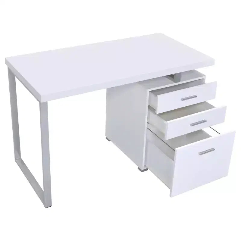 Bureau réversible à 3 tiroirs, bureau d'ordinateur avec classeur, pieds en métal, bureau d'écriture moderne de 120 cm pour bureau à domicile, étude, chambre, blanc