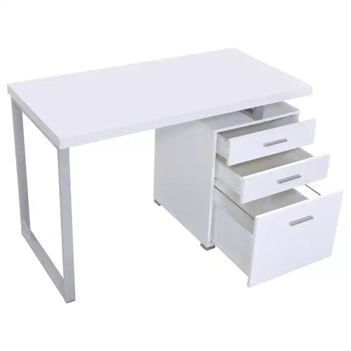 Bureau réversible à 3 tiroirs, bureau d'ordinateur avec classeur, pieds en métal, bureau d'écriture moderne de 120 cm pour bureau à domicile, étude, chambre, blanc