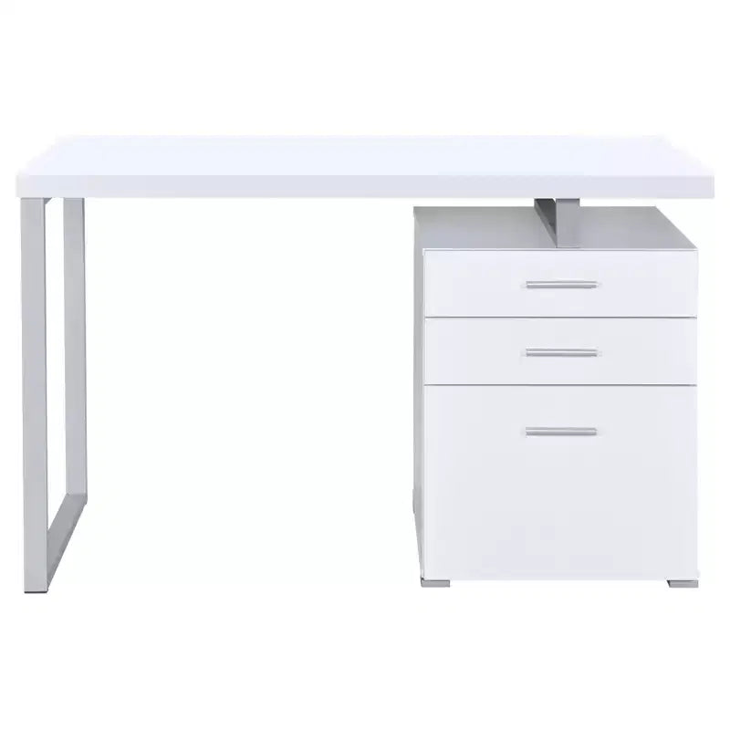 Bureau réversible à 3 tiroirs, bureau d'ordinateur avec classeur, pieds en métal, bureau d'écriture moderne de 120 cm pour bureau à domicile, étude, chambre, blanc