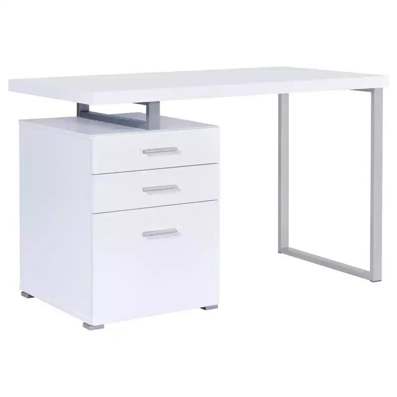 Bureau réversible à 3 tiroirs, bureau d'ordinateur avec classeur, pieds en métal, bureau d'écriture moderne de 120 cm pour bureau à domicile, étude, chambre, blanc